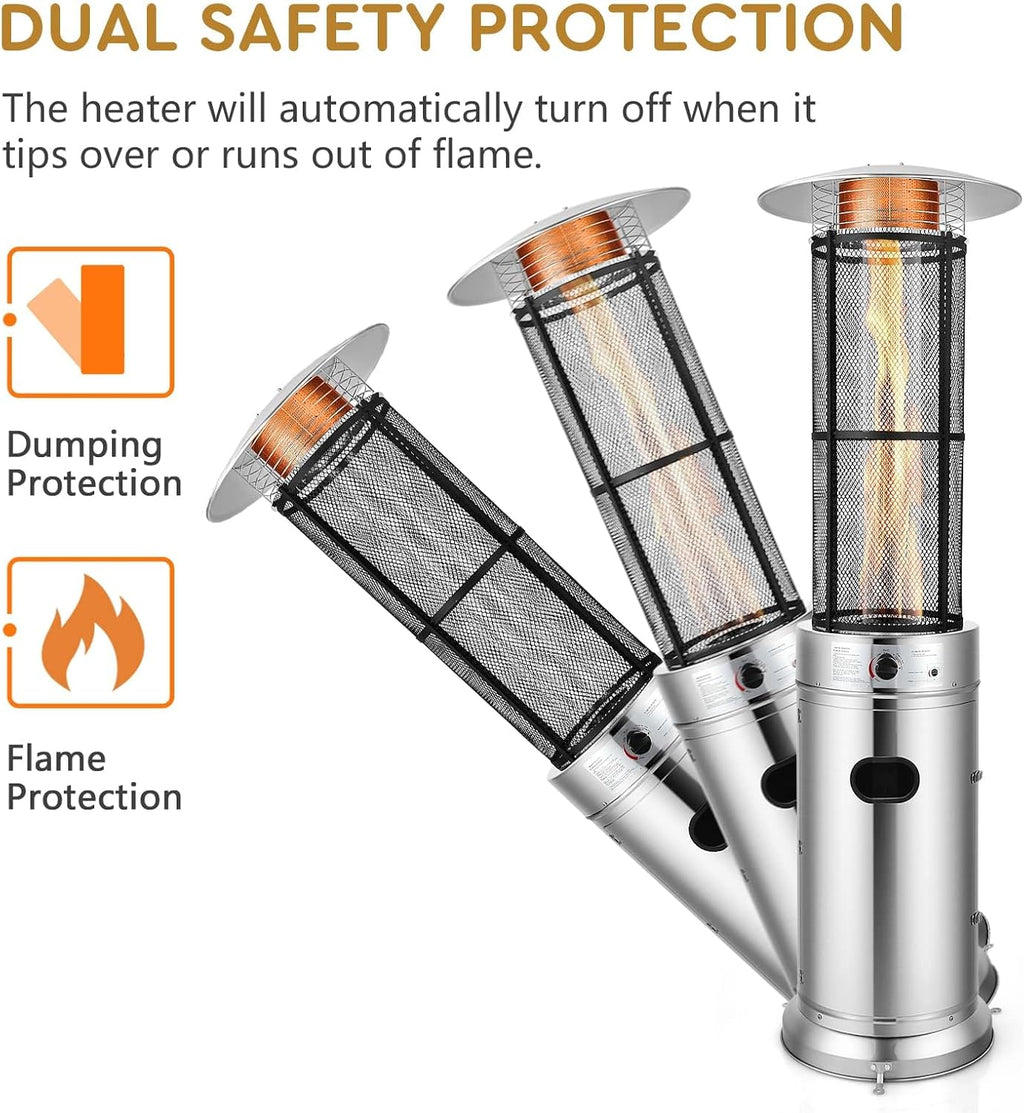 COSTWAY Outdoor Propane Patio Heater, 40,000 BTU Propane Heater with Dancing Flame, Portable Wheels, Stainless Steel Pyramid Floor-Standing Outdoor