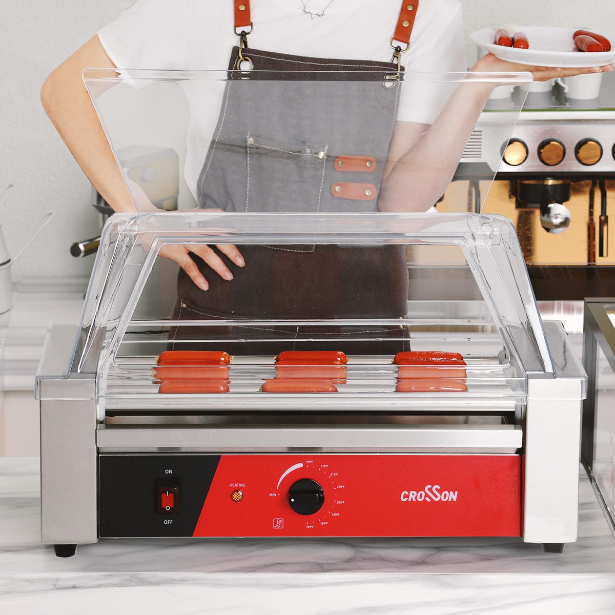 CROSSON 12 Hot Dog 5 Roller Grill Machine with Transparent Sneeze Guard,5 Nonstick 304SS Rollers Commercial Hot Dog Cooker Machine-120V, 750W