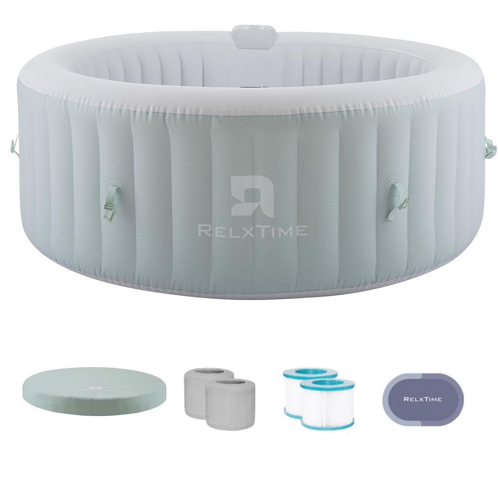 Inflatable Hot Tub Spa 2-4 Person 110 Air Jets, Portable Blow Up Hottub with Cover, Built in Heater Pump, Round Outdoor Spa, Cup Holder, 2 Filters