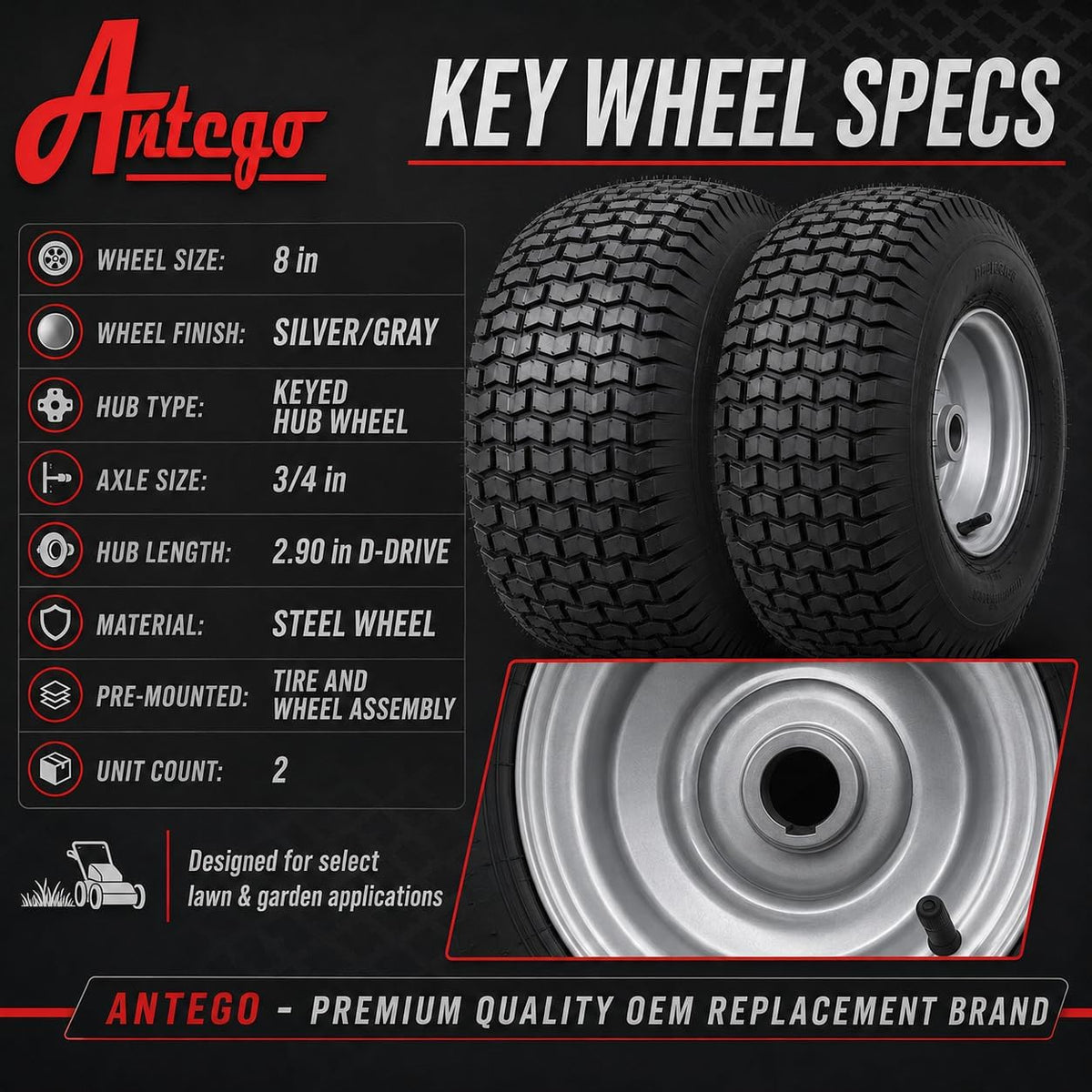 (Set of 2) 20x8.00-8 Lawn & Garden Mower Turf Tires - 4 Ply with Keyed Hub Wheel | Compatible with Husqvarna & Some Craftsman Models