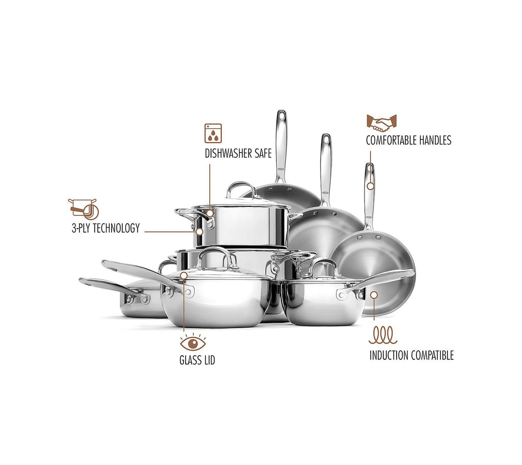 OXO Mira Tri-ply Stainless Steel, 10 Piece Cookware Pots and Pans Set, Skillets, Saute, Saucepans, Lids,Incl Ceramic Nonstick Frying Pan,Induction