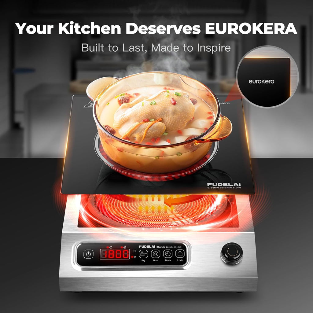 1800W Commercial Grade Electric Cooktop with 9 Power Levels - Electric Burner with EUROKERA Micro-Ceramic Panel, Infrared Cooktop with Timer, Safety