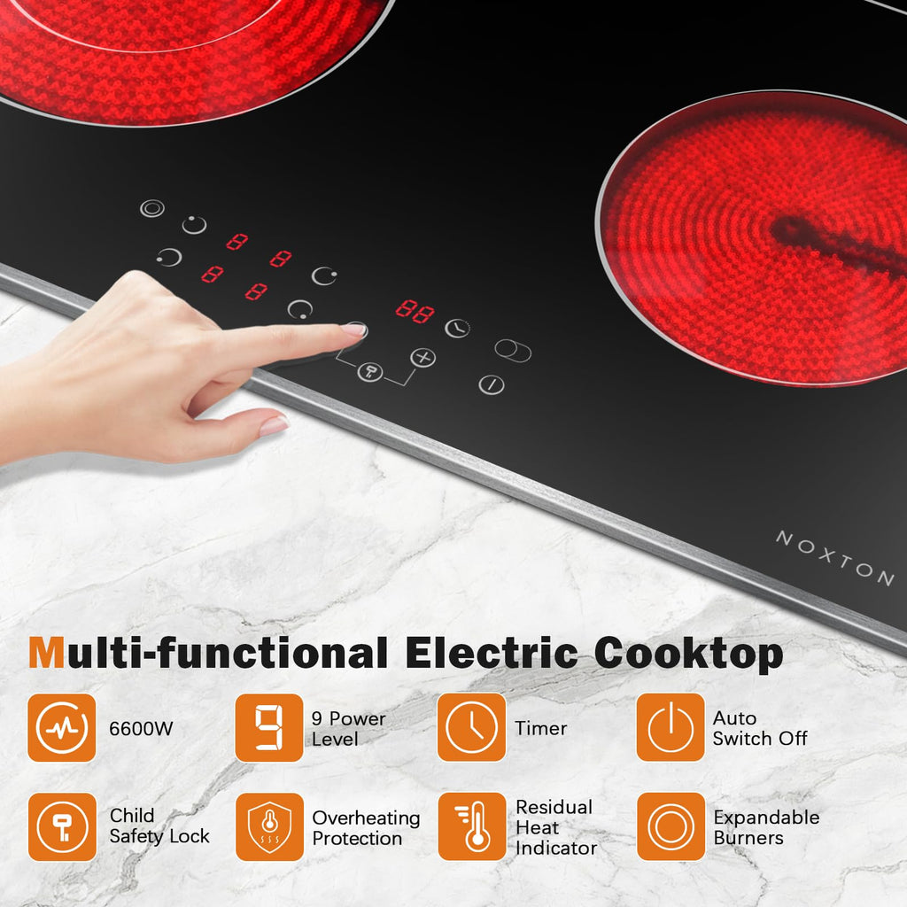 Noxton 30 Inch Electric Cooktop, 8400W 5 Burners Built-in Radiant Electric Stove Top, Slider Control, 9 Power Levels, Child Safety Lock, Timer, 220