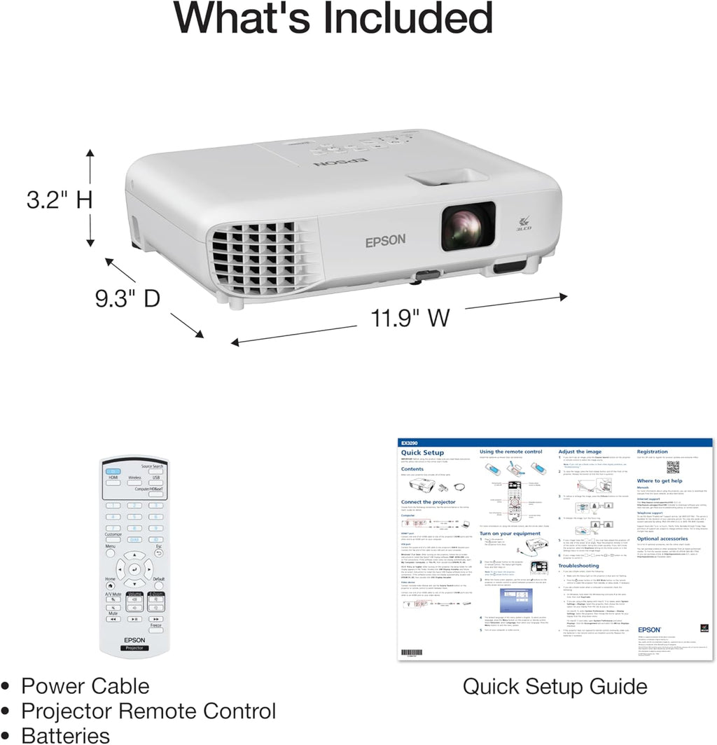 Epson EX3290 3-Chip 3LCD WXGA Projector, 4,000 Lumens High Color Brightness, 4,000 Lumens White Brightness, 2x HDMI, Built-in Speaker