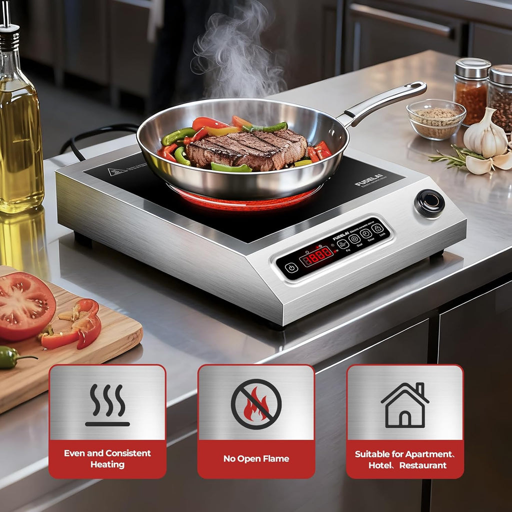 1800W Commercial Grade Electric Cooktop with 9 Power Levels - Electric Burner with EUROKERA Micro-Ceramic Panel, Infrared Cooktop with Timer, Safety