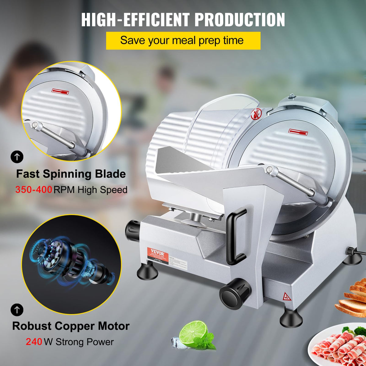 VEVOR Commercial Meat Slicer, 10 inch Electric Food Slicer, 240W Frozen Meat Deli Slicer, Premium Chromium-plated Steel Blade Semi-Auto Meat Slicer