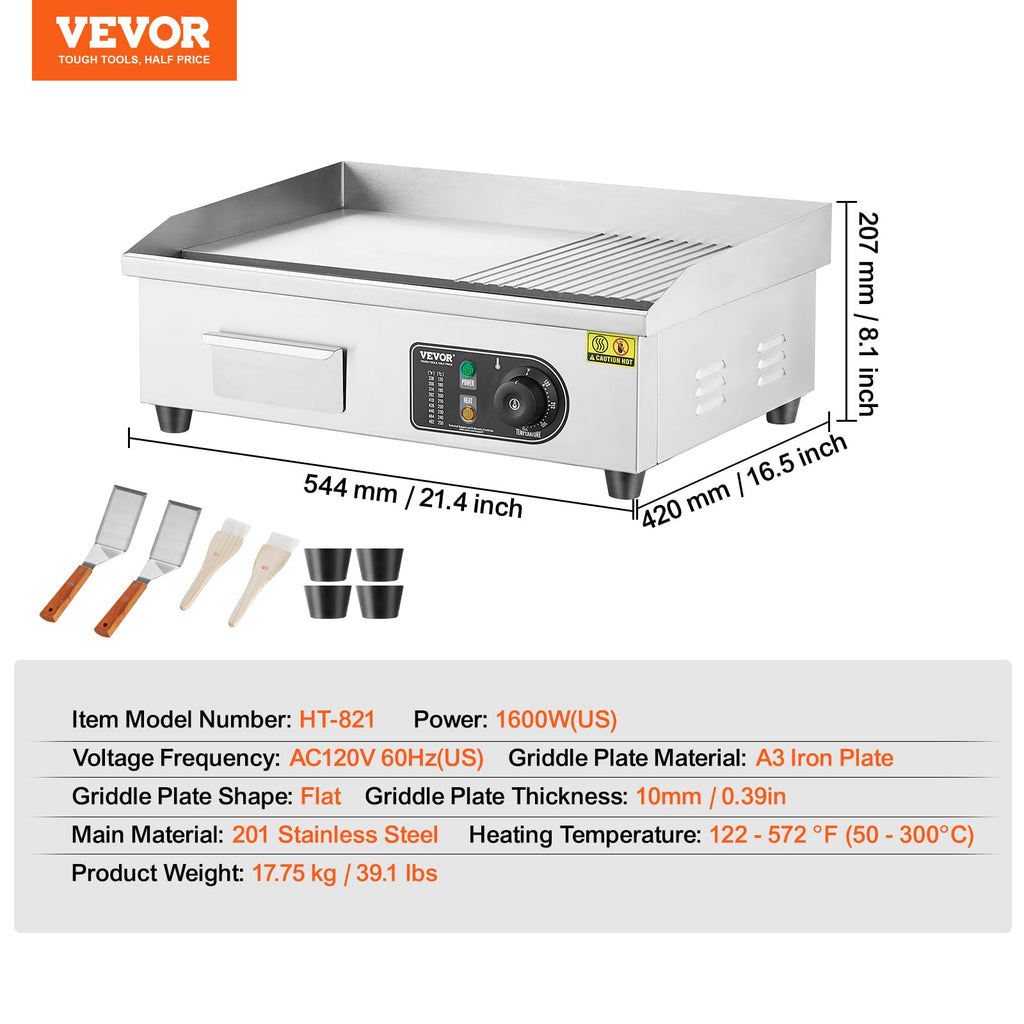 VEVOR Upgraded Commercial Electric Griddle, 2800W Stainless Steel Countertop Flat Top Grill, 26'' Griddle Grill with 2 Shovels and 2 Brushes, 122H