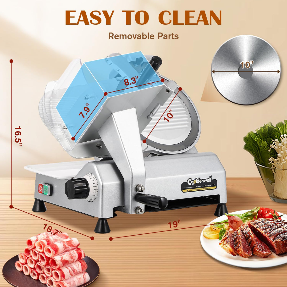 CGOLDENWALL Meat Slicer Machine, 10" 240W Electric Deli Meat Cheese Food Slicer, 0-1/2" Adjustable Thickness Semi-Auto Frozen Meat Slicer for Home &