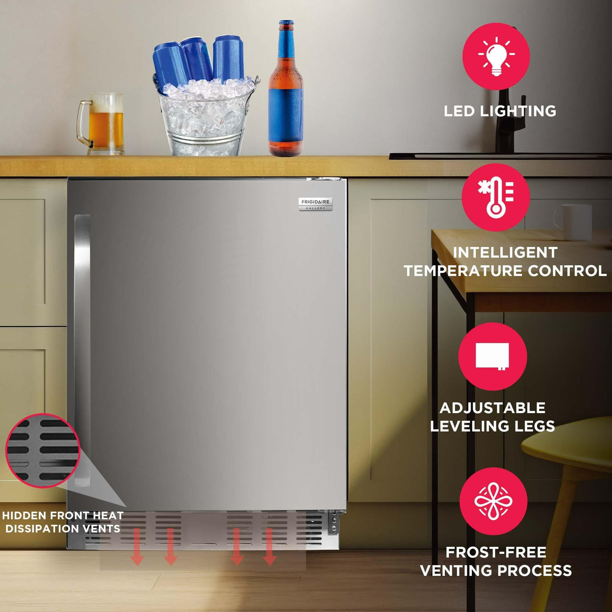 Frigidaire 3 Cu Ft Capacity built in fridge, under counter, frost free, Stainless Steel