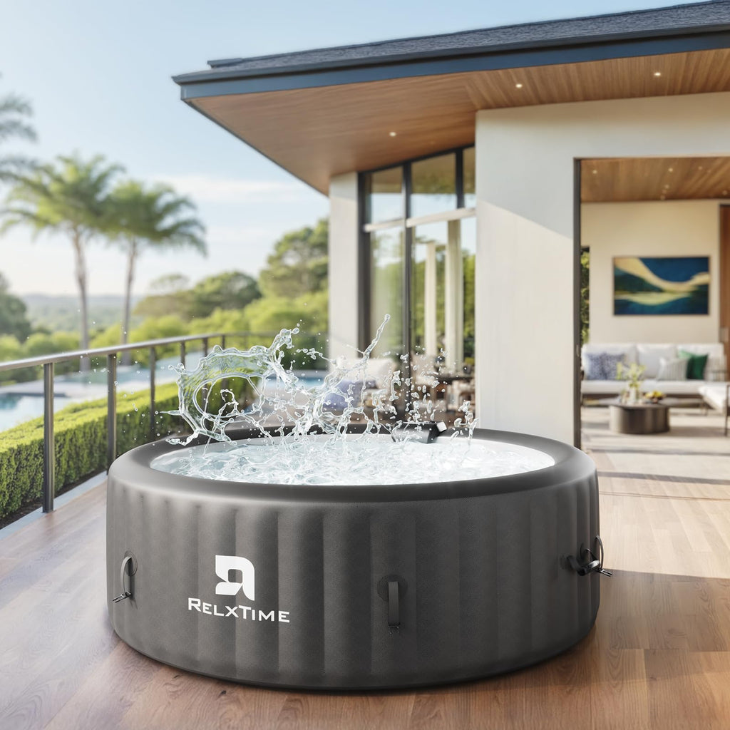 Inflatable Hot Tub Spa 2-4 Person 110 Air Jets, Portable Blow Up Hottub with Cover, Built in Heater Pump, Round Outdoor Spa, Cup Holder, 2 Filters