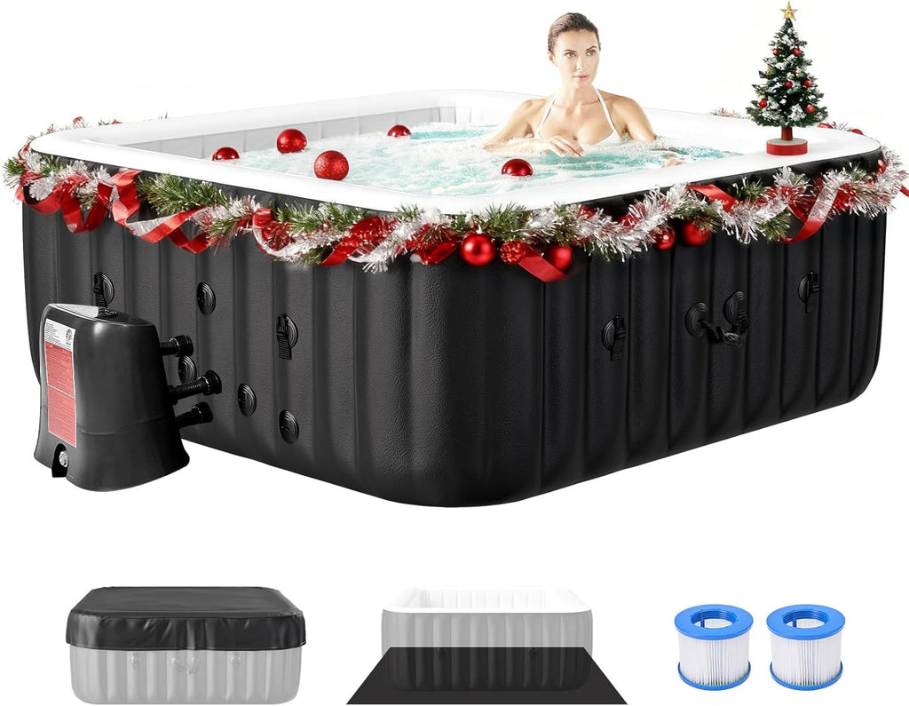 Blow Up Inflatable Hot Tub, 4-6 Person Large Square Portable Hot Tub, Leak-Proof PVC Outdoor Spa with 130 Air Jets, Heater Pump and Insulated Cover