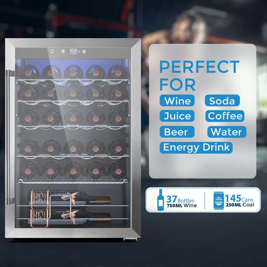 COWSAR 4.5 Cu.Ft Wine Fridge 37 Bottle, ETL Approved Freestanding Wine Cooler 145 Can Beverage Refrigerator with Stainless Steel Reversible Glass