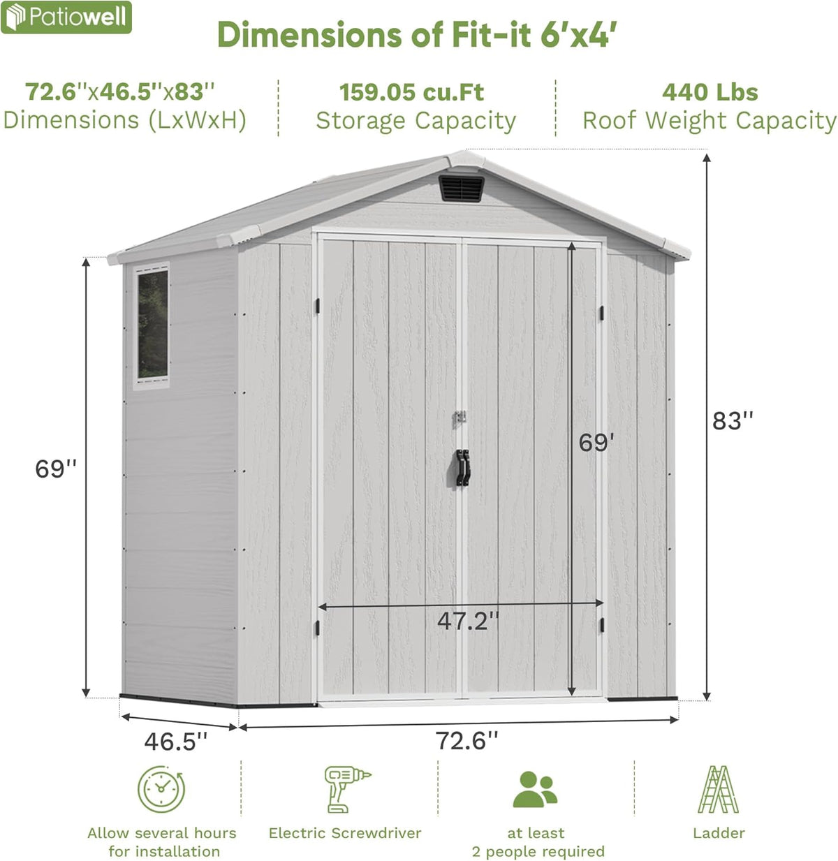 Patiowell 6X4 FT Outdoor Storage Shed, Plastic Tool Sheds with Lockable Door and Window, Weather-Resistant Garden Shed with Floor for Backyard, Patio