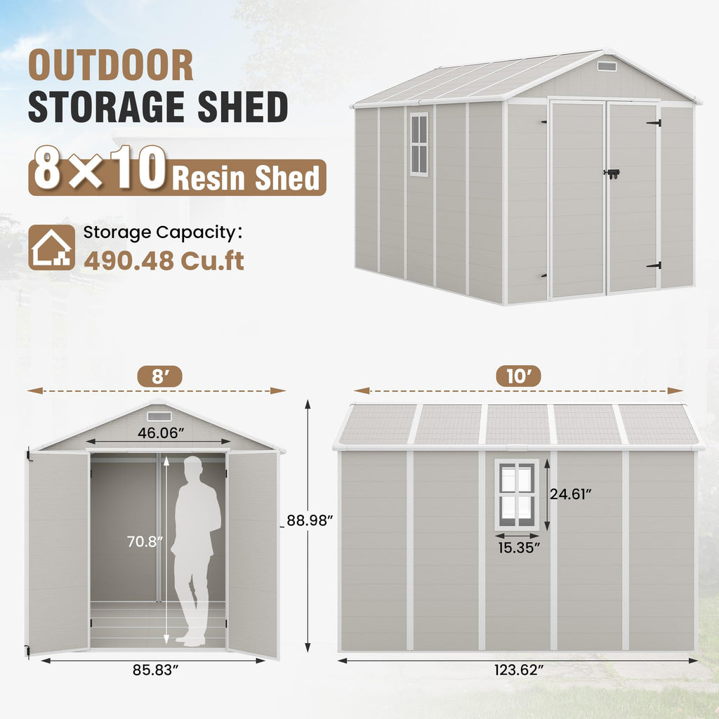 Amopatio 10x8 FT Storage Shed, Resin Shed with Floor Included, Plastic Sheds Outdoor Storage for Bike, Garden Tools, Sheds & Outdoor Storage with