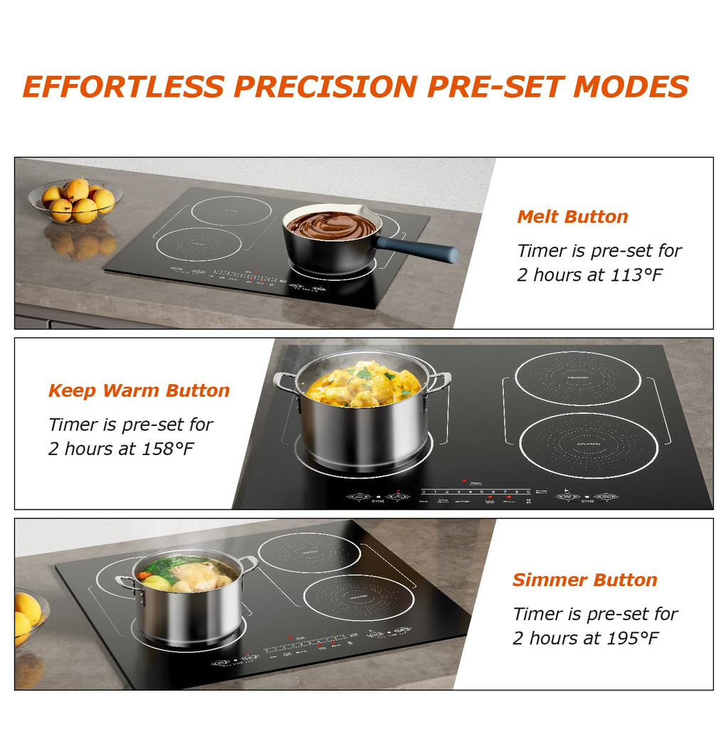 30 Inch Induction Cooktop 4 Burners, Flat Glass Top Electric Stove Hob with Bridge-SYNC, 3 Preset Modes Booster, Timer, Pause, Child Lock, Drop in