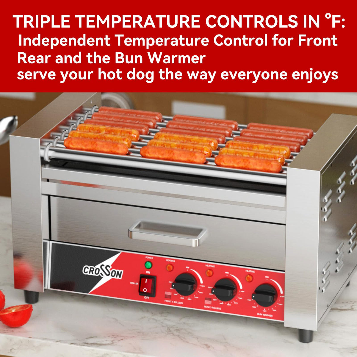 CROSSON 12 Hot Dog 5 Roller Grill Machine with Transparent Sneeze Guard,5 Nonstick 304SS Rollers Commercial Hot Dog Cooker Machine-120V, 750W