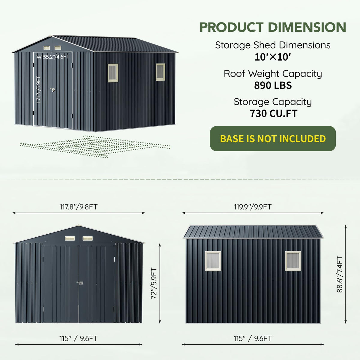 10x10 FT Outdoor Metal Storage Shed, Double Swing Doors, 2 Clear Windows,Tool Shed for Garden, Patio, Backyard Nightblue