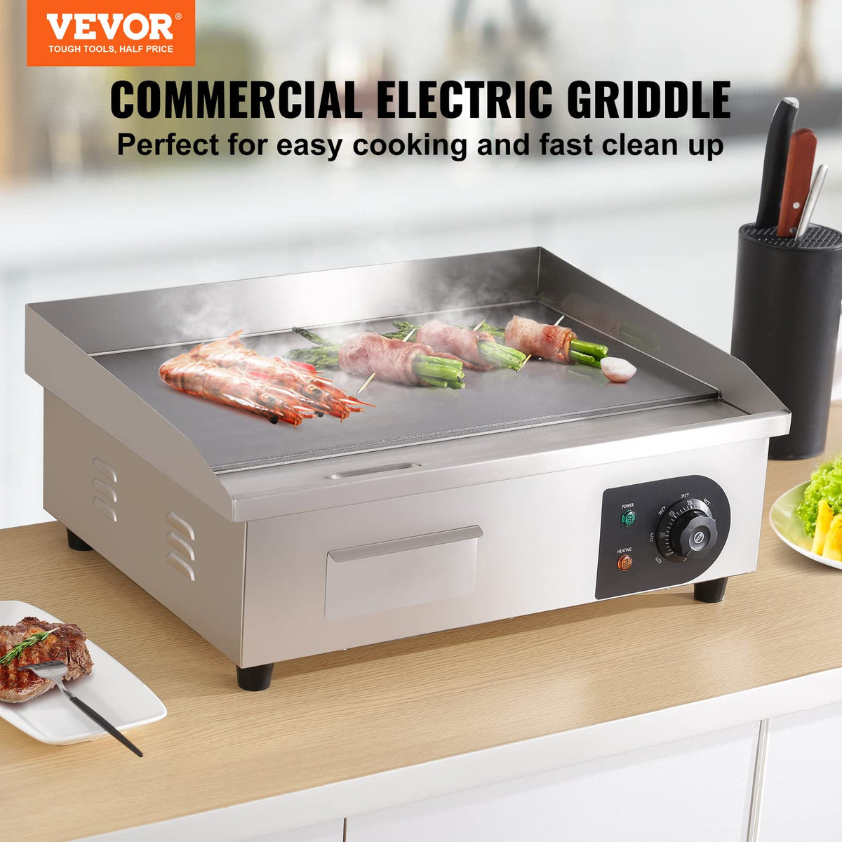 VEVOR Upgraded Commercial Electric Griddle, 2800W Stainless Steel Countertop Flat Top Grill, 26'' Griddle Grill with 2 Shovels and 2 Brushes, 122H