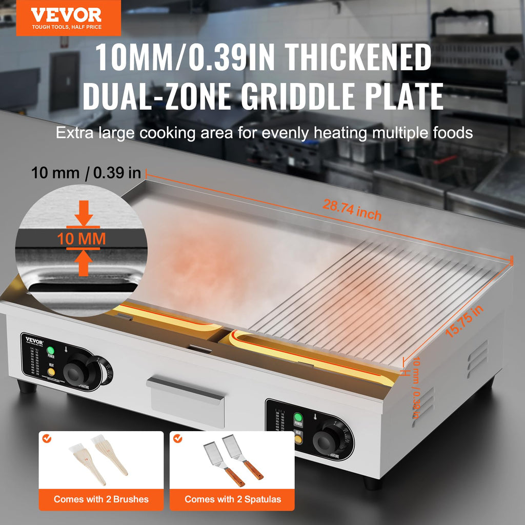 VEVOR Upgraded Commercial Electric Griddle, 2800W Stainless Steel Countertop Flat Top Grill, 26'' Griddle Grill with 2 Shovels and 2 Brushes, 122H