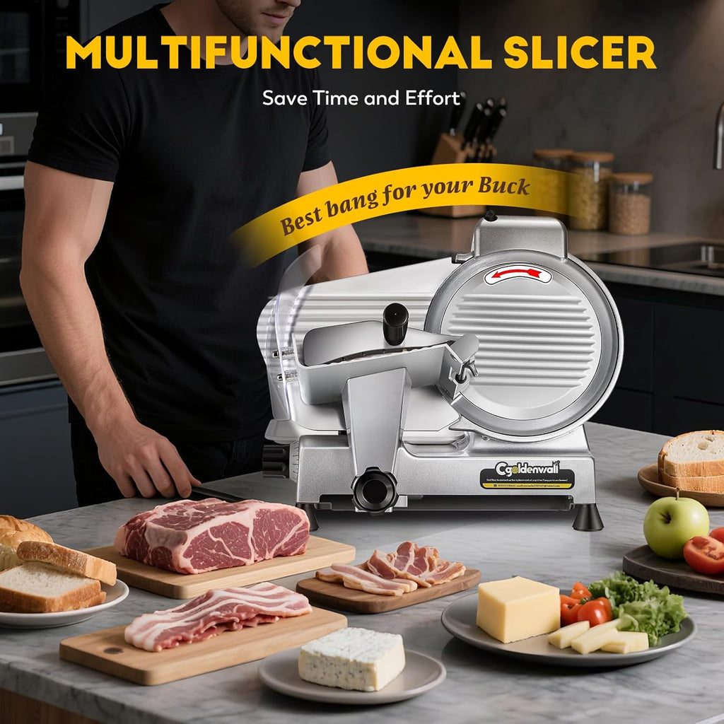 CGOLDENWALL Meat Slicer Machine, 10" 240W Electric Deli Meat Cheese Food Slicer, 0-1/2" Adjustable Thickness Semi-Auto Frozen Meat Slicer for Home &