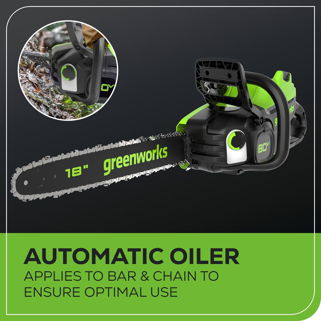 Greenworks 80V 18" Brushless Cordless Chainsaw (Great For Tree Felling, Limbing, Pruning, and Firewood) / 75+ Compatible Tools), 2.0Ah Battery and