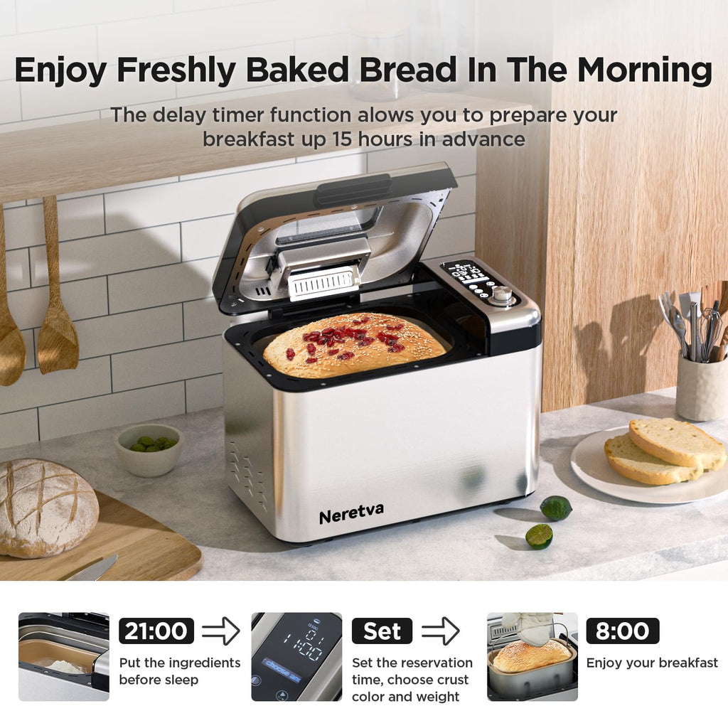 Neretva Bread Maker, 3.3LB Larger Bread Machine 15-in-1 Stainless Steel & Nonstick Ceramic Pan & Auto Nut Dispenser Breadmaker Machines Full Touch