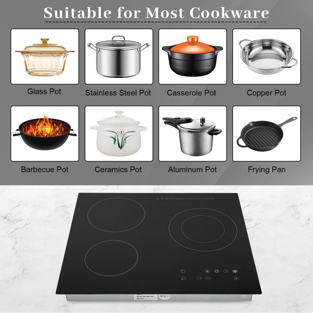 3000W 110V Cooktop Portable 4 Burners Electric Built-in Cooktop Sensor Touch Control Countertop Electric Hot Plate with Kid Safety Lock and 2H Timer