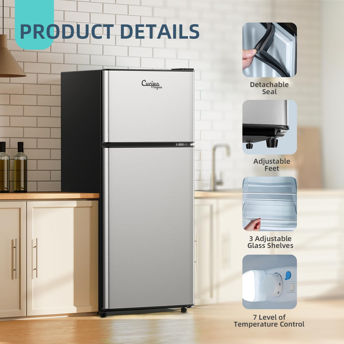 4.2 Cu Ft Mini Fridge for Bedroom, 2 Door Small Fridge, 7 Level Thermostat, LED Light, Small Refrigerator for Bedroom, Office, Dorm