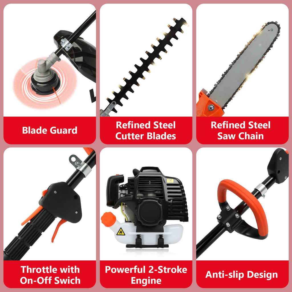 6-in-1 Gas Weed Wacker with Hedge Trimmer, 52CC 2-Stroke String Trimmer/Weed Trimmer/Brush Cutter/Edger, Weed Eater Gas Powered with Extension Pole C
