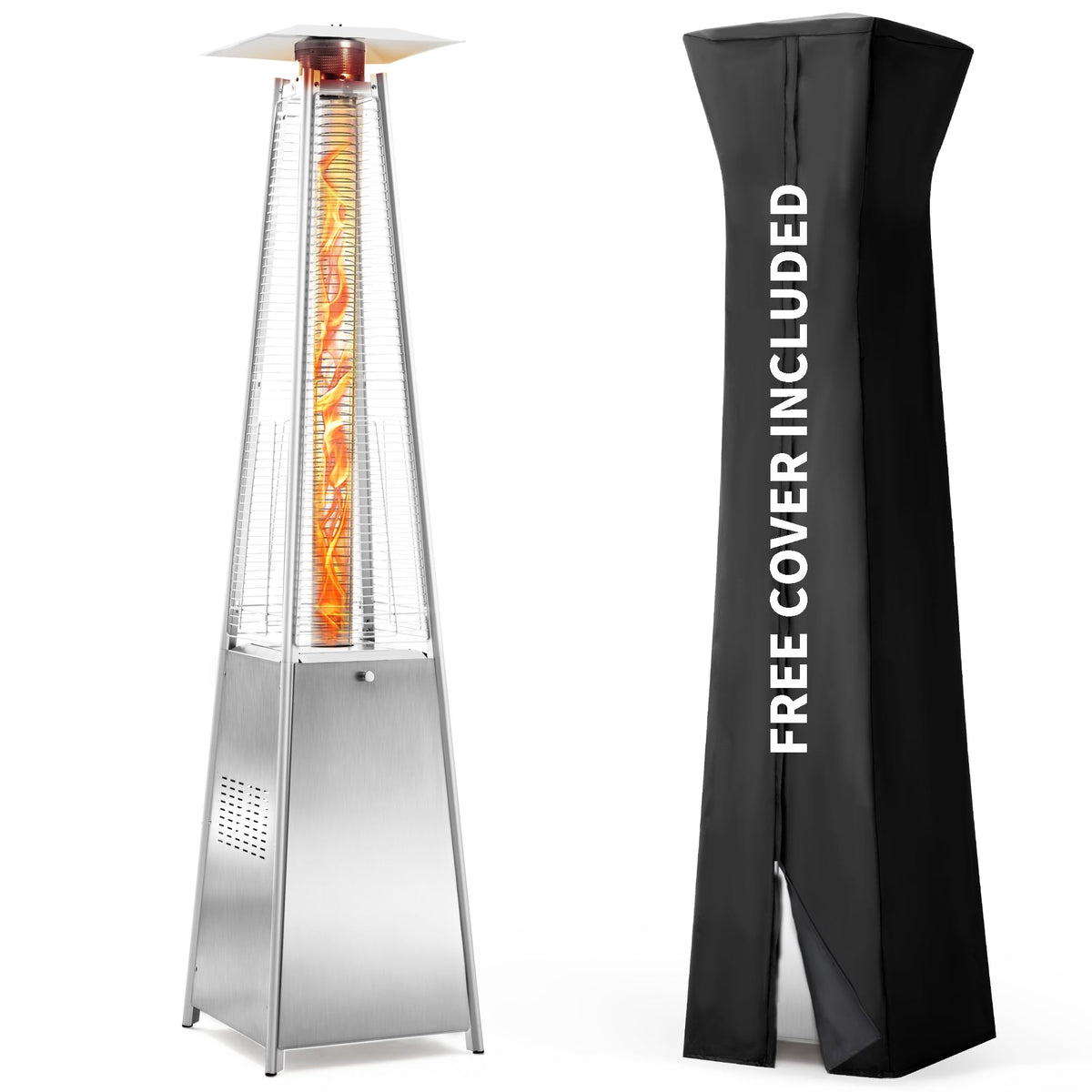 PAMAPIC Patio Heater, 42,000 BTU Quartz Glass Tube Brown Tower Propane Outdoor Heater with Cover