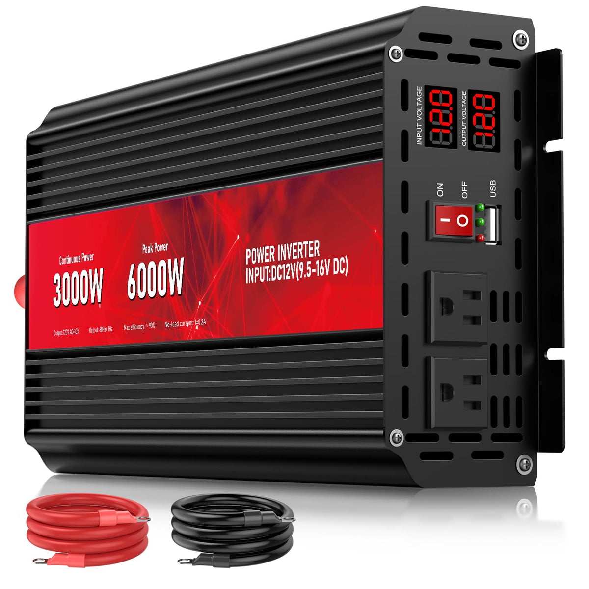 Pure Sine Wave Power Inverter, 3000W 12V DC to 110V/120V AC, Peak 6000W - Remote Control, 4 AC Outlets, Dual USB, LED Display, Terminal Blocks for