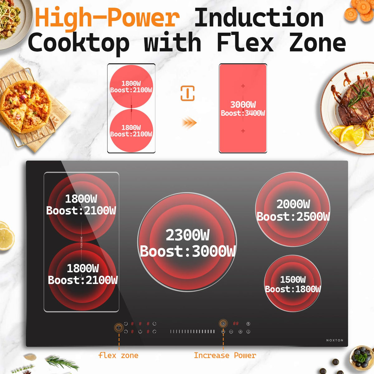 Noxton 24 Inch Induction Cooktop, 4 Burners Electric Cooktop, Upgraded Induction Stovetop with Flex Zone, Power Boost, Pause, 9 Power Levels, Child