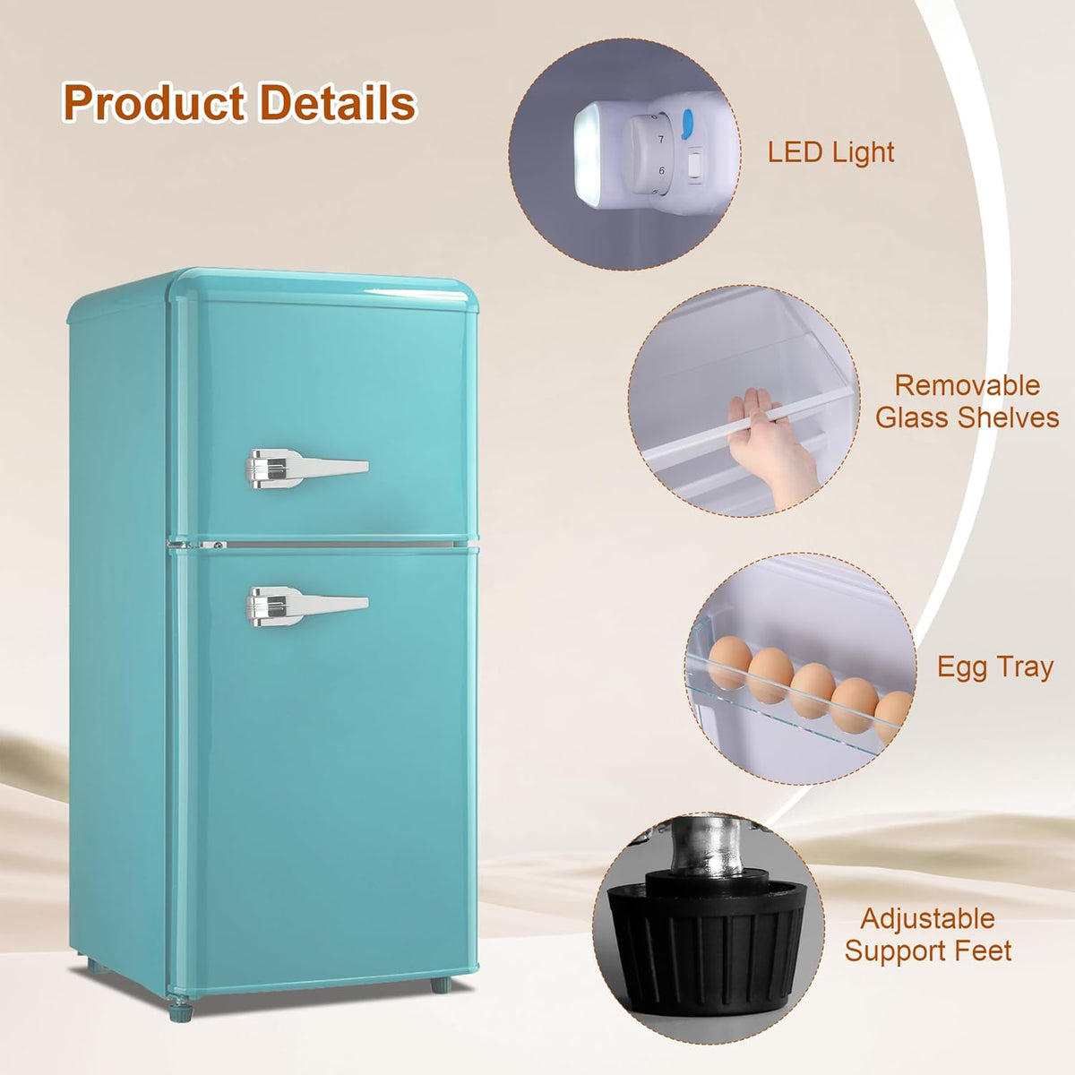 Retro Mini Fridge with Freezer 4.0 Cu. Ft, Small Refrigerator with 7 Level Adjustable Thermostat, Compact Classic Dual Door Fridge Removable Glass