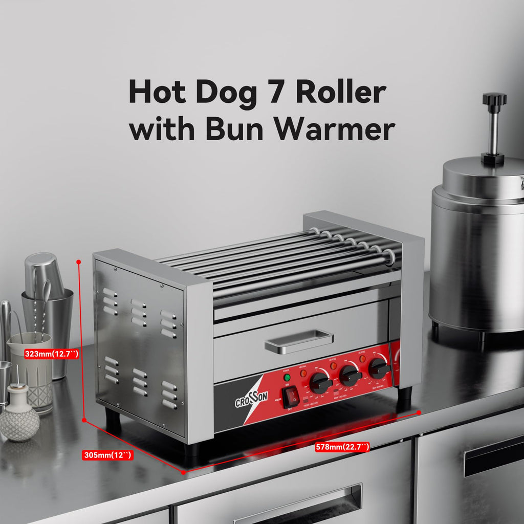 CROSSON 12 Hot Dog 5 Roller Grill Machine with Transparent Sneeze Guard,5 Nonstick 304SS Rollers Commercial Hot Dog Cooker Machine-120V, 750W