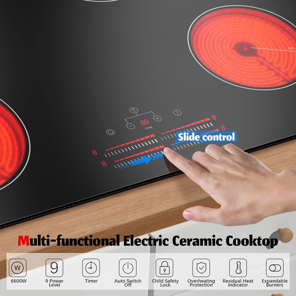 Karinear Electric Cooktop 30 Inch, 5 Burners Electric Stove 30 Inch Electri Ceramic Cooktop, 9 Power Level, Pause, Timer, Child Safety Lock, Triple