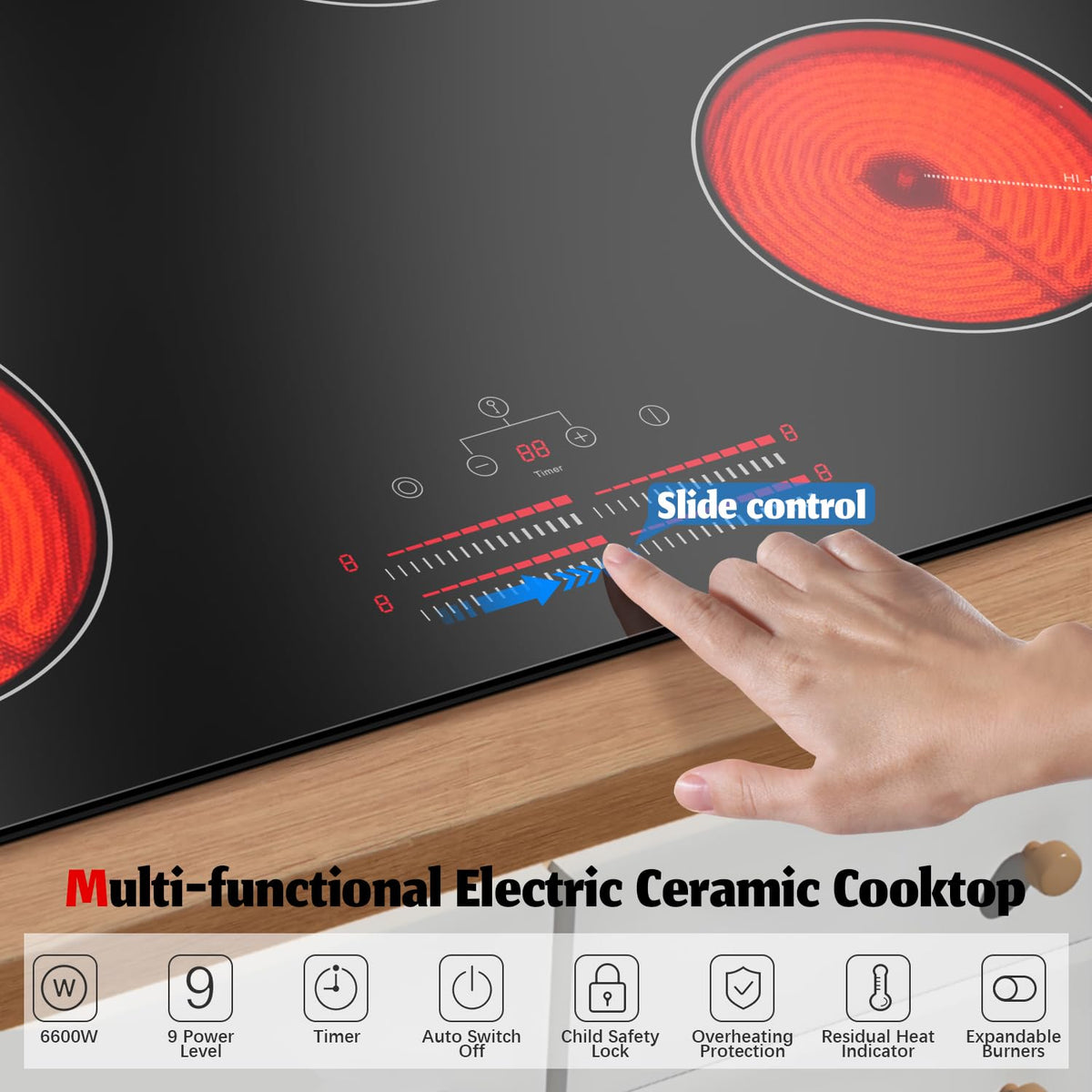 Karinear Electric Cooktop 30 Inch, 5 Burners Electric Stove 30 Inch Electri Ceramic Cooktop, 9 Power Level, Pause, Timer, Child Safety Lock, Triple