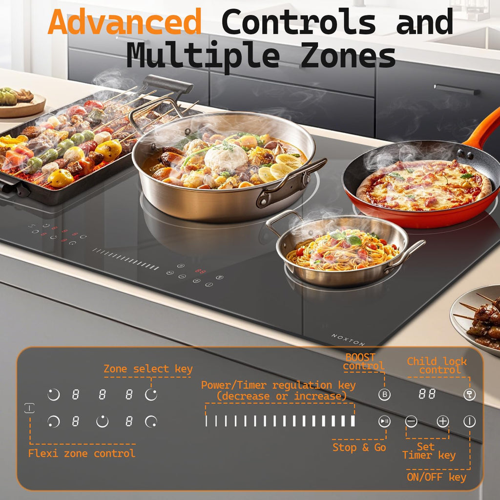 Noxton 24 Inch Induction Cooktop, 4 Burners Electric Cooktop, Upgraded Induction Stovetop with Flex Zone, Power Boost, Pause, 9 Power Levels, Child
