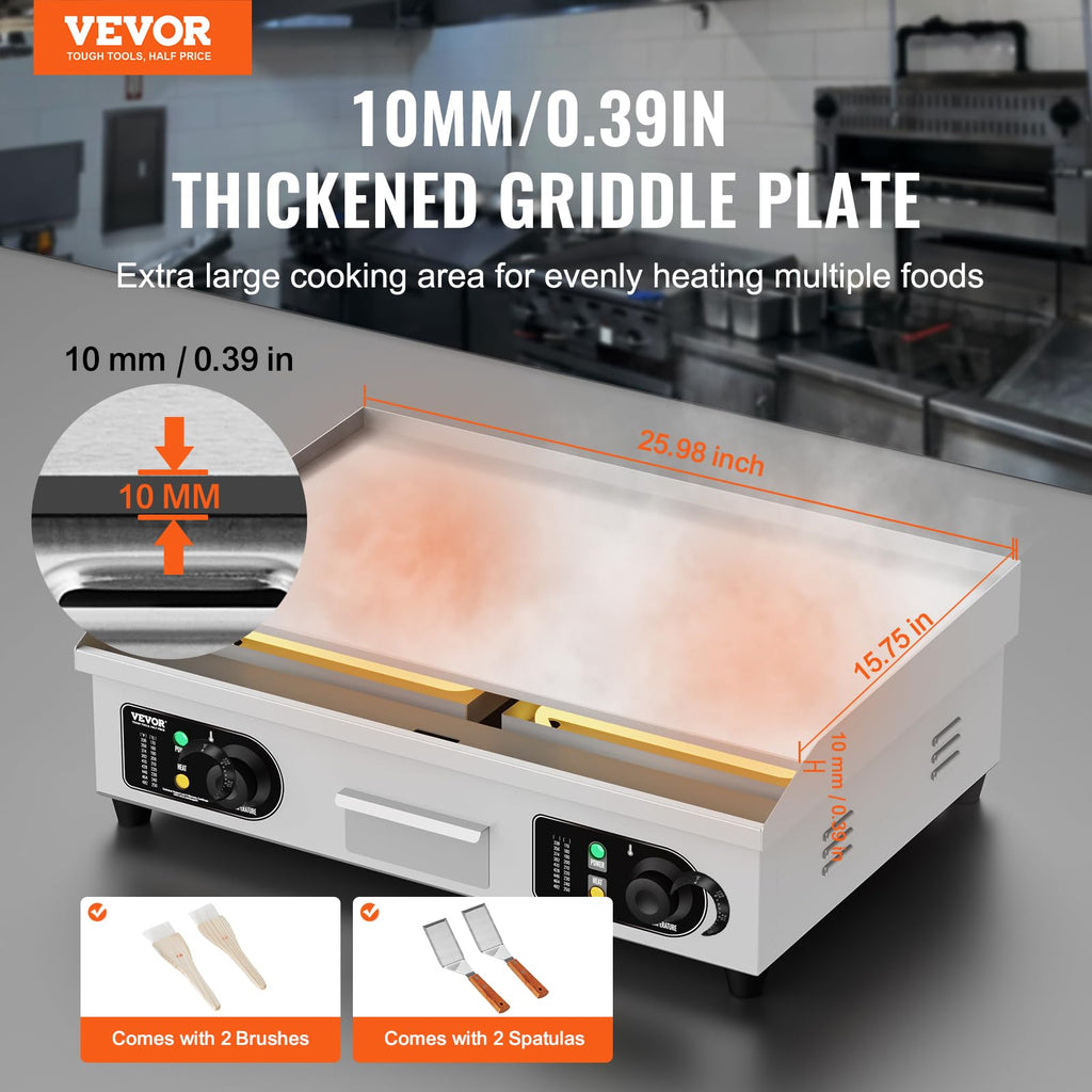 VEVOR Upgraded Commercial Electric Griddle, 2800W Stainless Steel Countertop Flat Top Grill, 26'' Griddle Grill with 2 Shovels and 2 Brushes, 122H