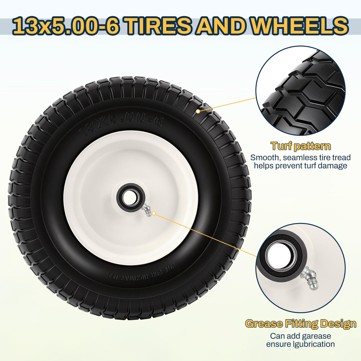 15x6.00-6 Flat Free Lawn Mower Tire and Wheel, 15x6-6 Front Tire Assembly
