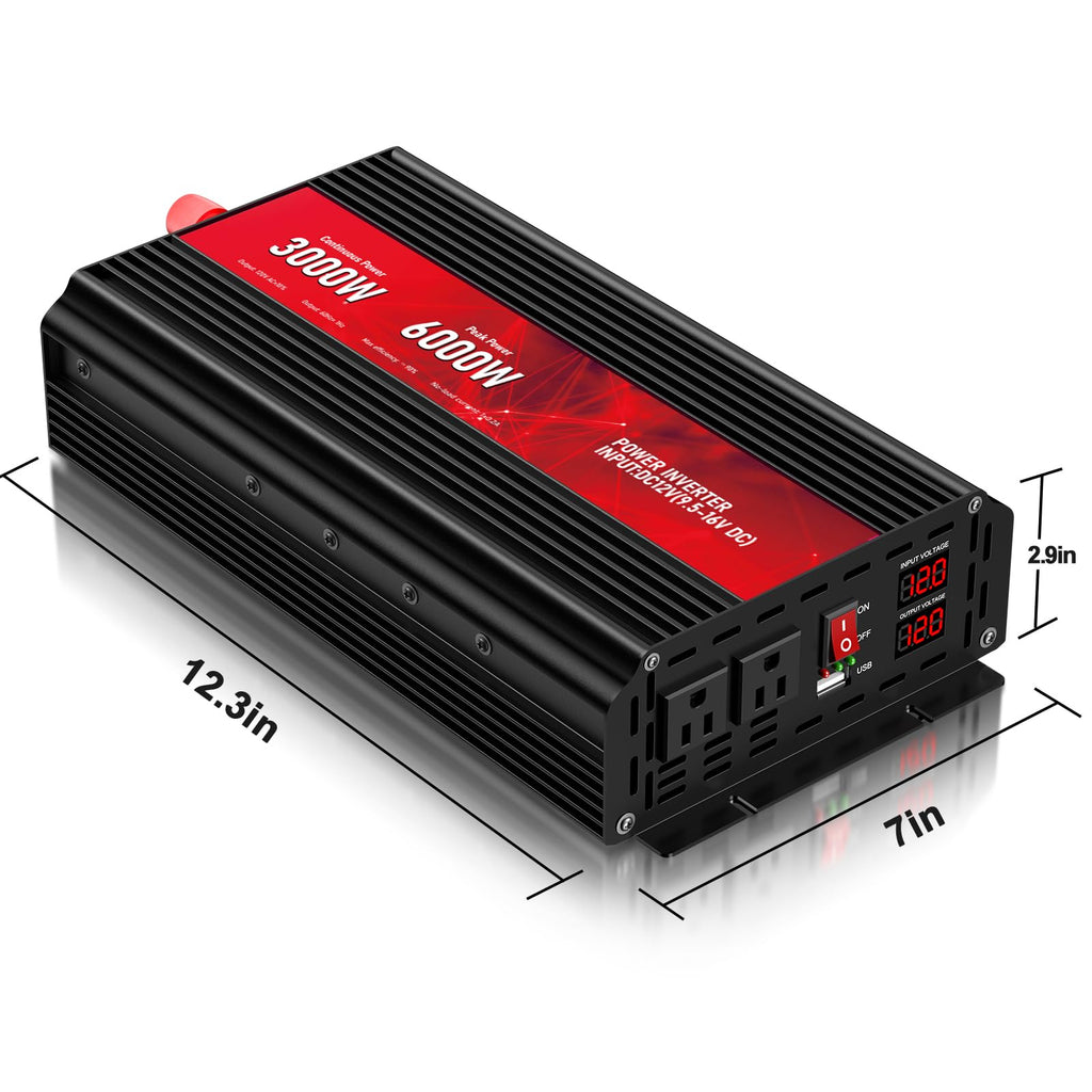 Pure Sine Wave Power Inverter, 3000W 12V DC to 110V/120V AC, Peak 6000W - Remote Control, 4 AC Outlets, Dual USB, LED Display, Terminal Blocks for
