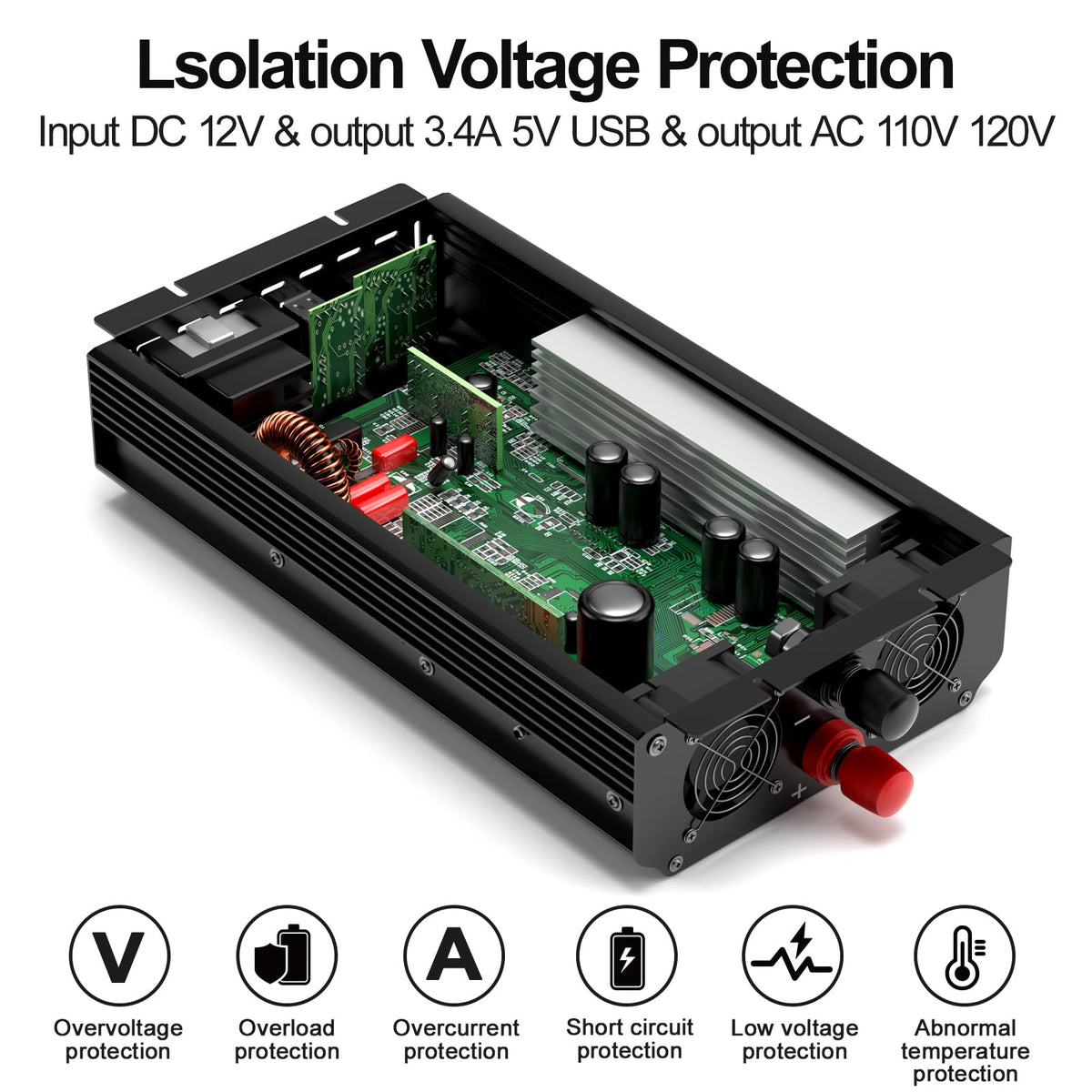 Pure Sine Wave Power Inverter, 3000W 12V DC to 110V/120V AC, Peak 6000W - Remote Control, 4 AC Outlets, Dual USB, LED Display, Terminal Blocks for