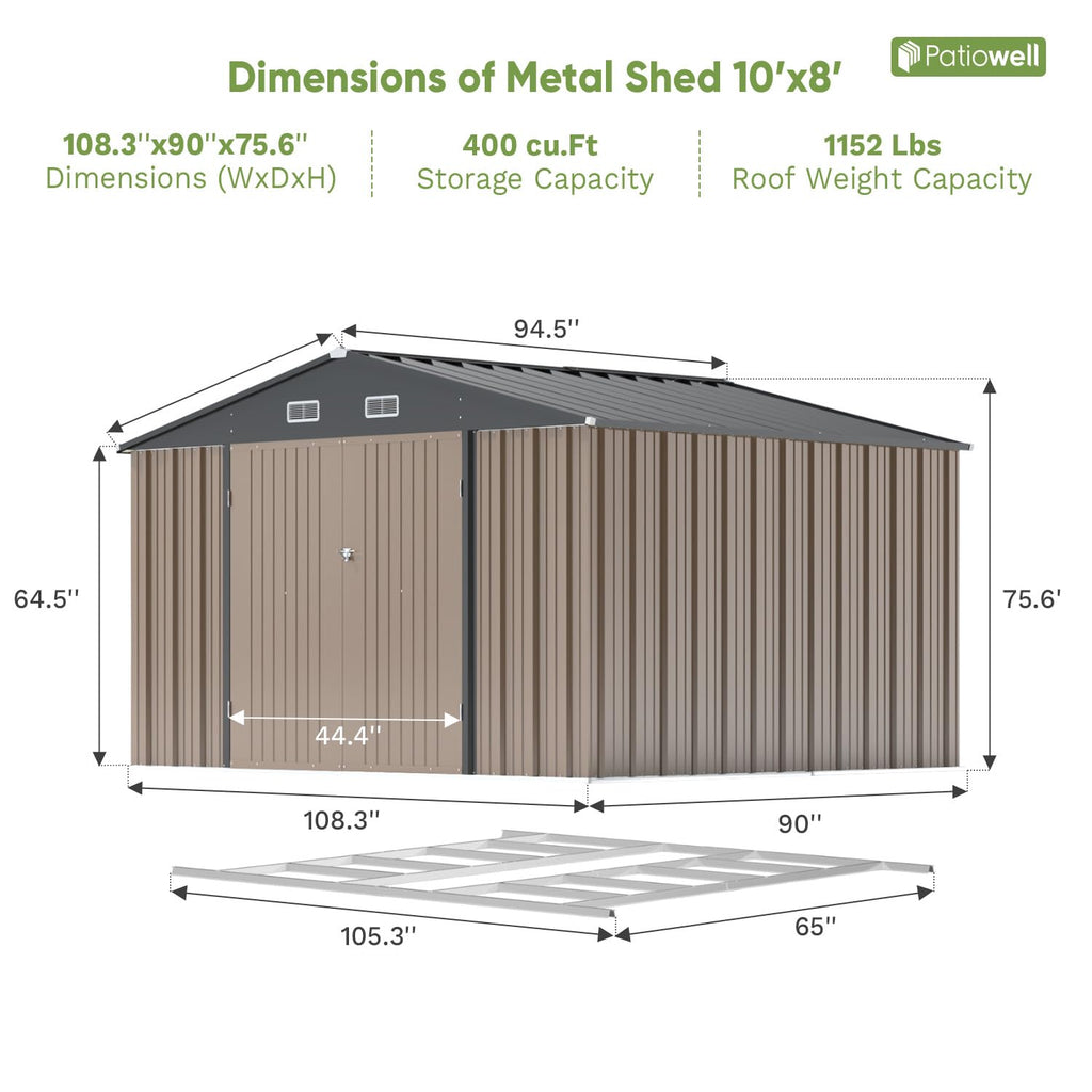 Patiowell 10 x 12 FT Metal Storage Shed for Outdoor, Steel Yard Shed with Design of Lockable Doors, Utility and Tool Storage for Garden, Backyard