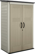 Rubbermaid Vertical Resin Outdoor Storage Shed With Floor (4 x 2.5 Ft) Weather Resistant Beige/Brown Organization for Home/Backyard/Pool Chemicals