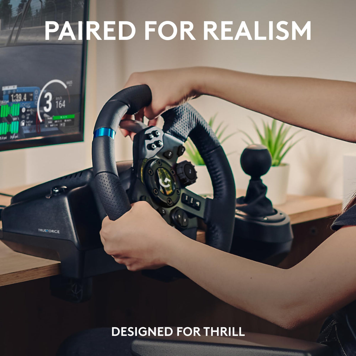 Logitech G923 Racing Wheel and Pedals, TRUEFORCE up to 1000 Hz Force Feedback, Gaming Steering Wheel PS5, PS4, PC, Mac, Genuine Leather- Black