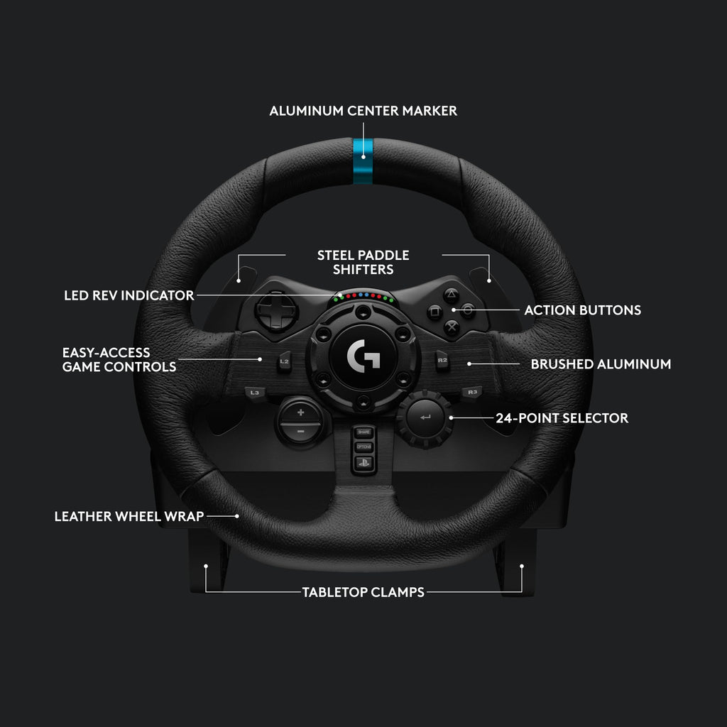 Logitech G923 Racing Wheel and Pedals, TRUEFORCE up to 1000 Hz Force Feedback, Gaming Steering Wheel PS5, PS4, PC, Mac, Genuine Leather- Black