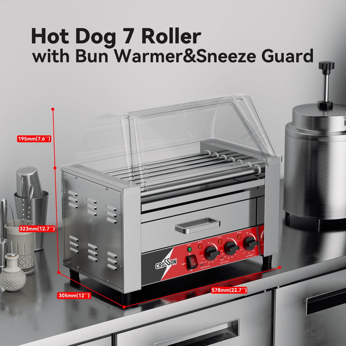 CROSSON 12 Hot Dog 5 Roller Grill Machine with Transparent Sneeze Guard,5 Nonstick 304SS Rollers Commercial Hot Dog Cooker Machine-120V, 750W