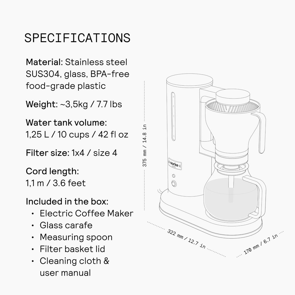 Aarke Coffee Maker - Electric 10 Cup / 42 fl oz Drip Brewer with Automatic Drip-Stop, Glass Carafe, Brews Full Pot in Under 6 Minutes, SCA Certified