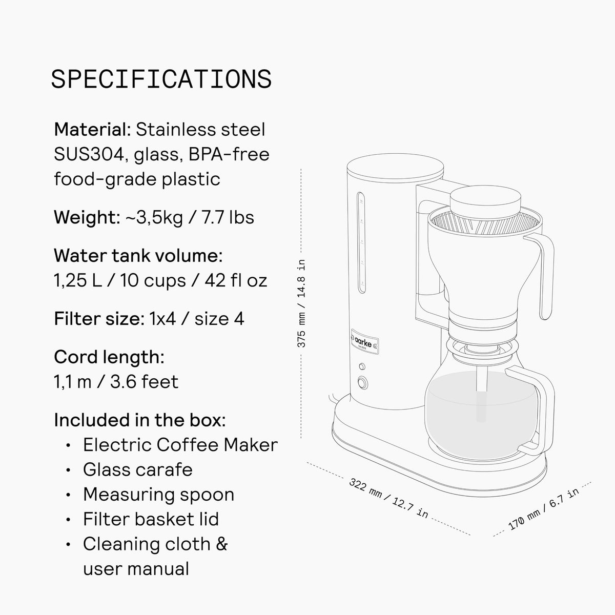 Aarke Coffee Maker - Electric 10 Cup / 42 fl oz Drip Brewer with Automatic Drip-Stop, Glass Carafe, Brews Full Pot in Under 6 Minutes, SCA Certified