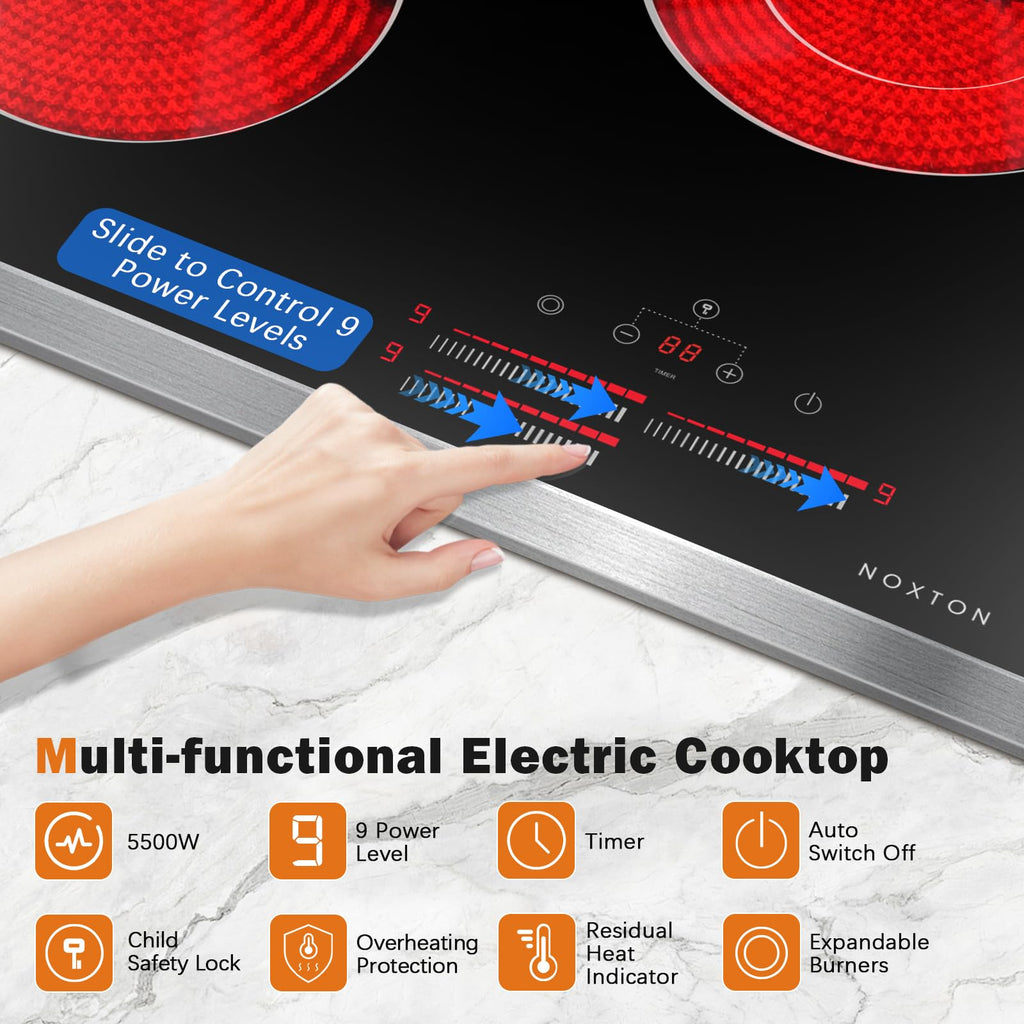 Noxton 30 Inch Electric Cooktop, 8400W 5 Burners Built-in Radiant Electric Stove Top, Slider Control, 9 Power Levels, Child Safety Lock, Timer, 220