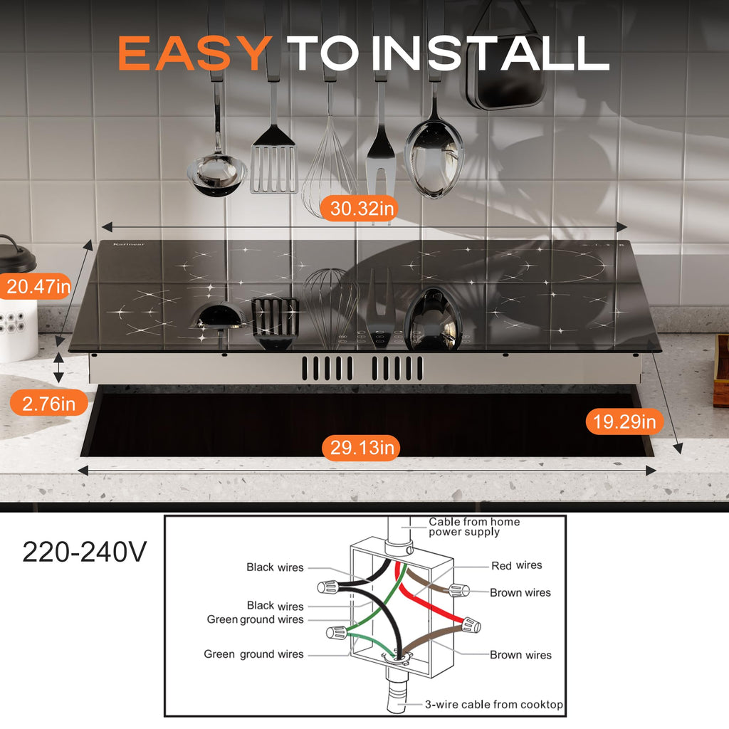Karinear Electric Cooktop 30 Inch, 5 Burners Electric Stove 30 Inch Electri Ceramic Cooktop, 9 Power Level, Pause, Timer, Child Safety Lock, Triple